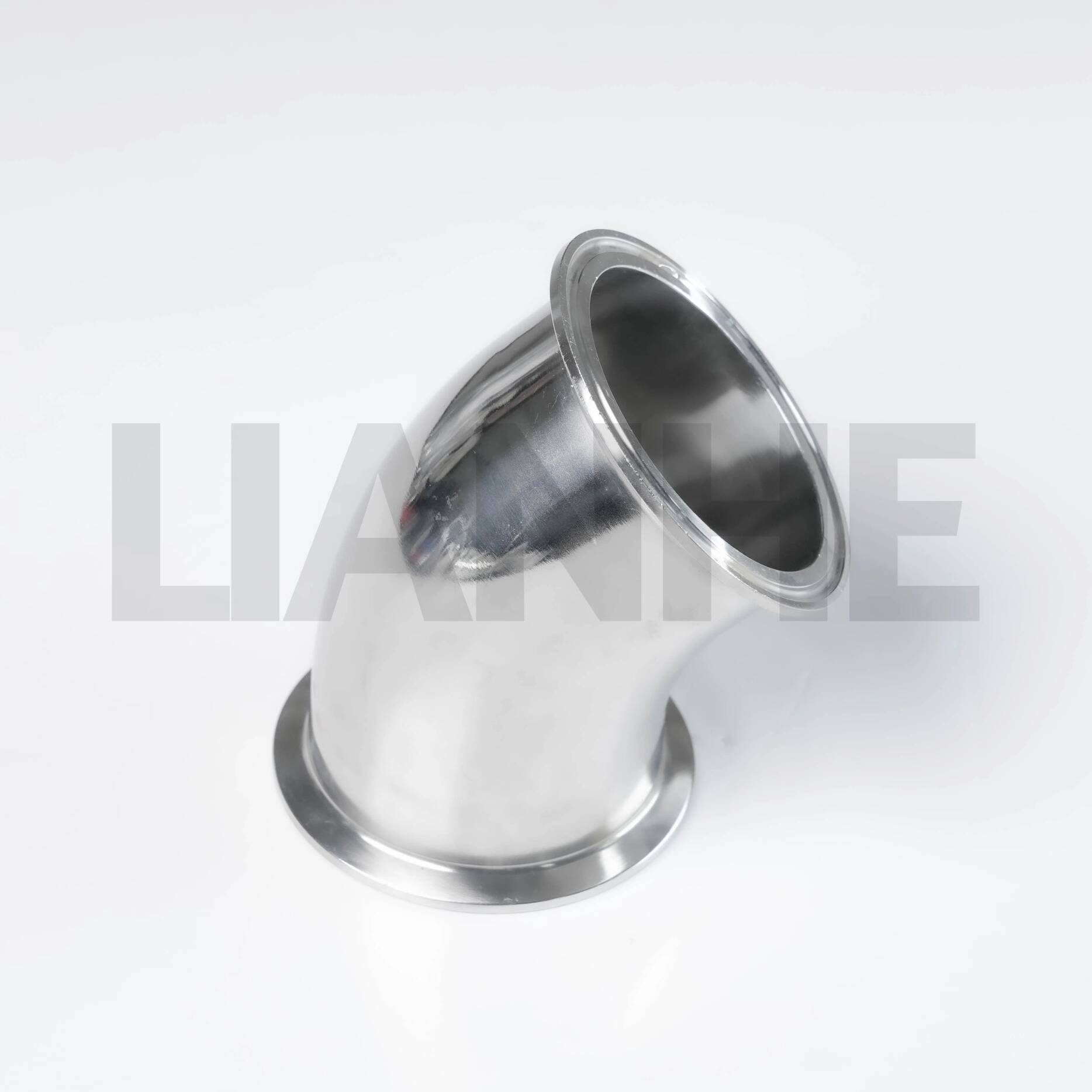 Cotovelo 45DEG com fixação sanitária de aço inoxidável